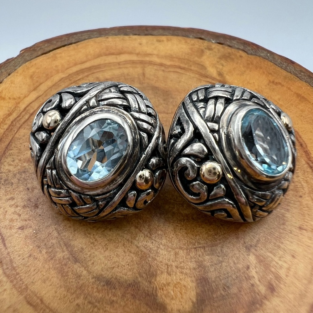Detailed Vintage Sterling Silver and 18k with Blue Stone Earrings - Picture 4 of 12
